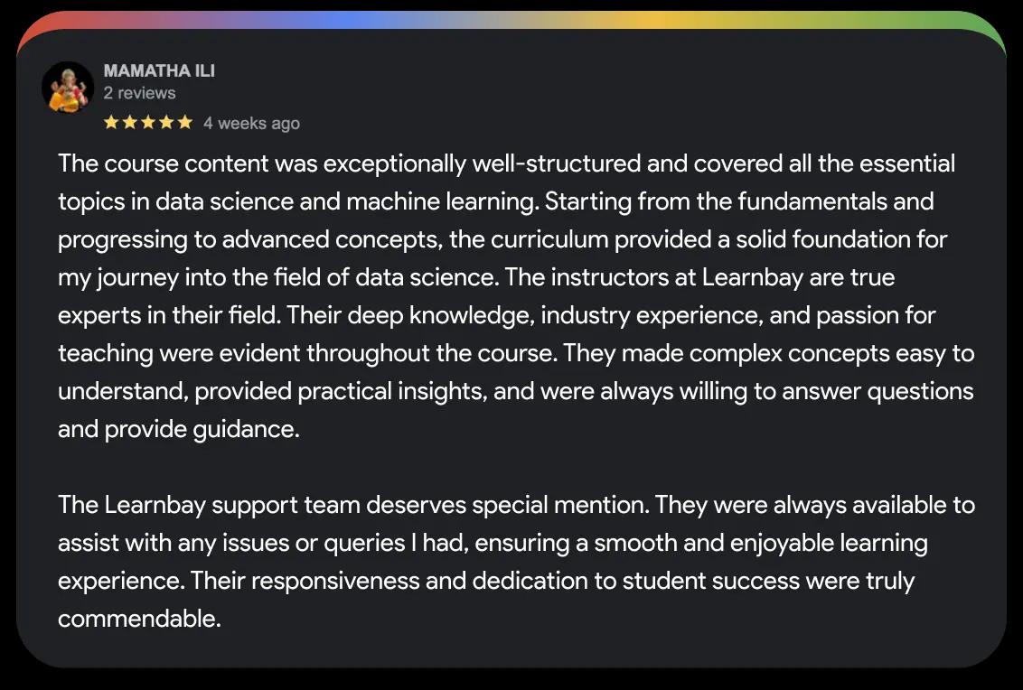 Image showcasing google review of Learnbay's student for data science course