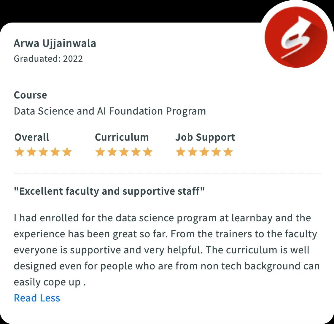 Image showcasing Switchup review of Learnbay's student for Data Science & AI certification