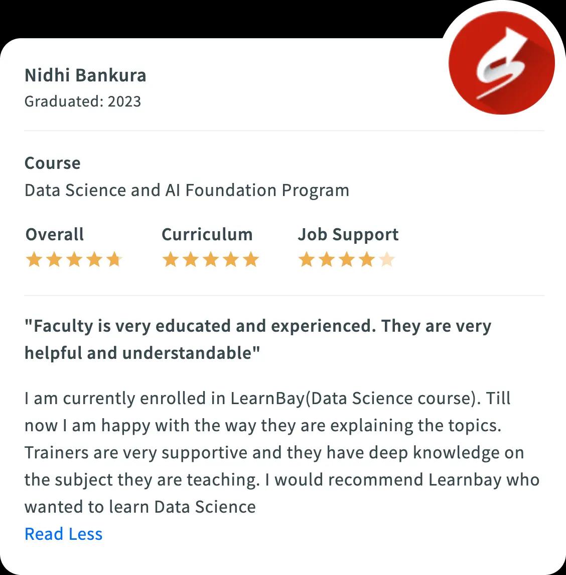 Image showcasing Switchup review of Learnbay's student for Data Science course