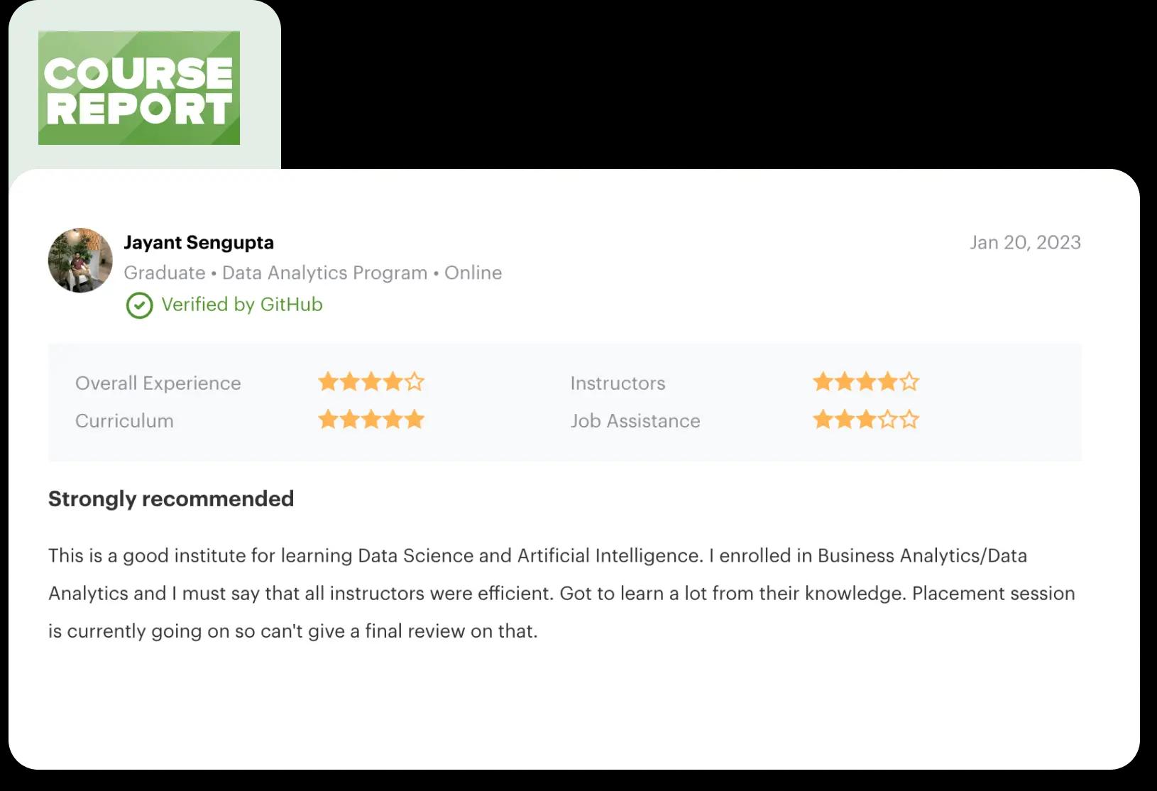 Image showcasing course report review of Learnbay's student for Data Science & AI course