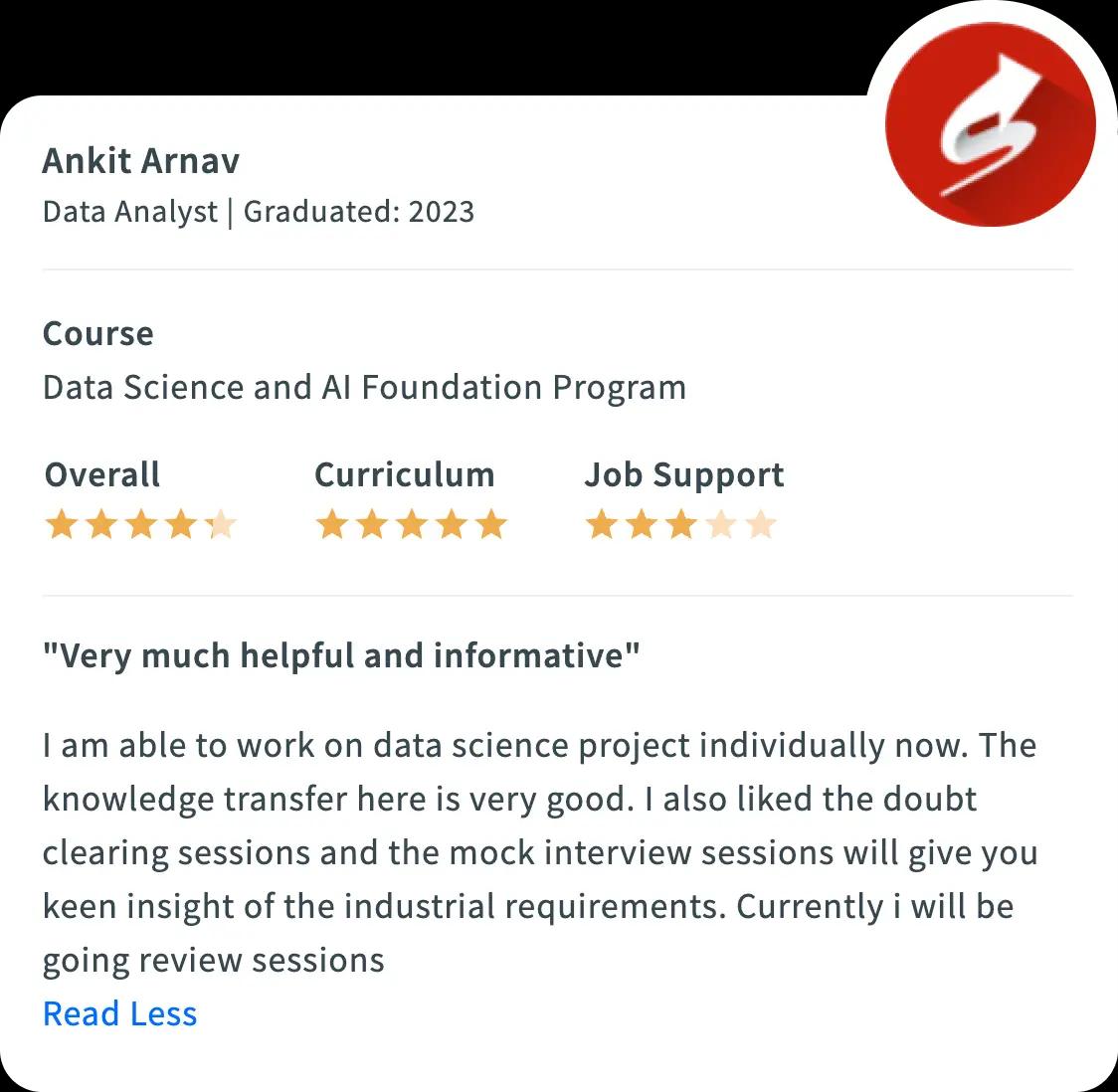 Image showcasing Switchup review of Learnbay's student for Data Science & AI course